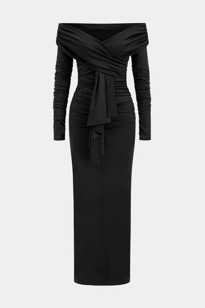 Ruched Off Shoulder Drape Detail Maxi Dress