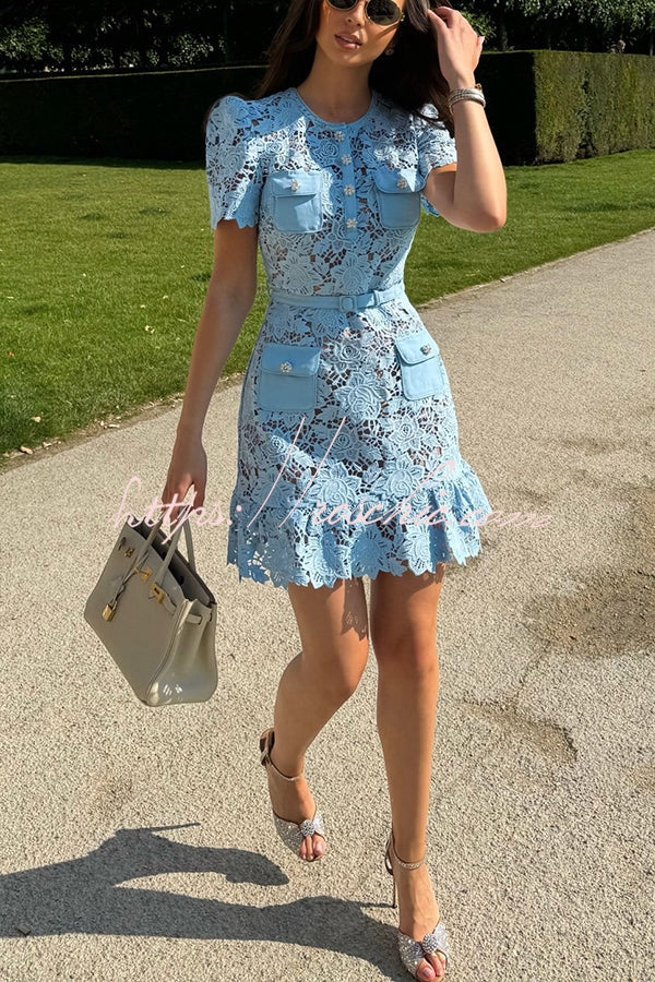 Beauty Embroidered Lace Jewel Buttons Pocket Belted Mini Dress