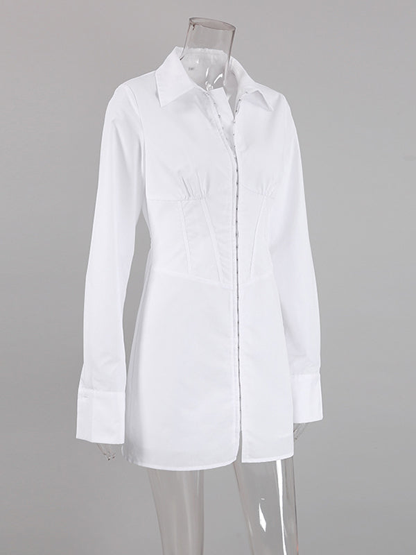 High Waisted Long Sleeves Buckle Color Split-front Lapel Mini Dresses
