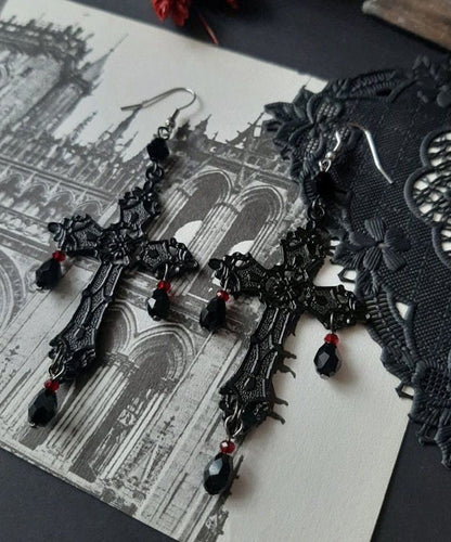 Fine Black Stainless Steel Cross Tassel Drop Earrings