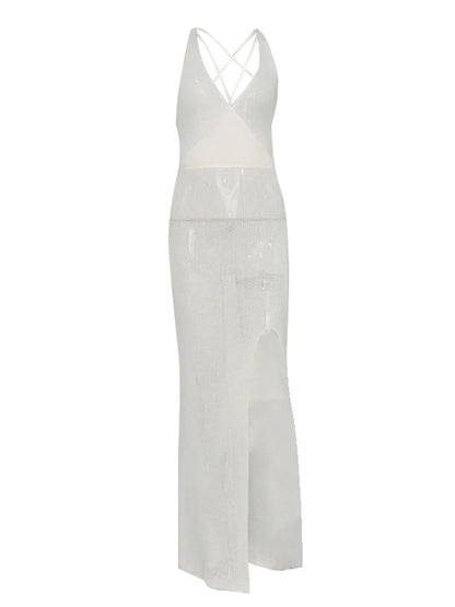 Summer Beach Dress V-neck Backless Split Long Dress White Sleeveless See Through Party Vestidos