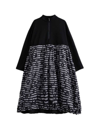 Long Sleeves Loose Drawstring Printed Split-joint Zipper Midi Dresses