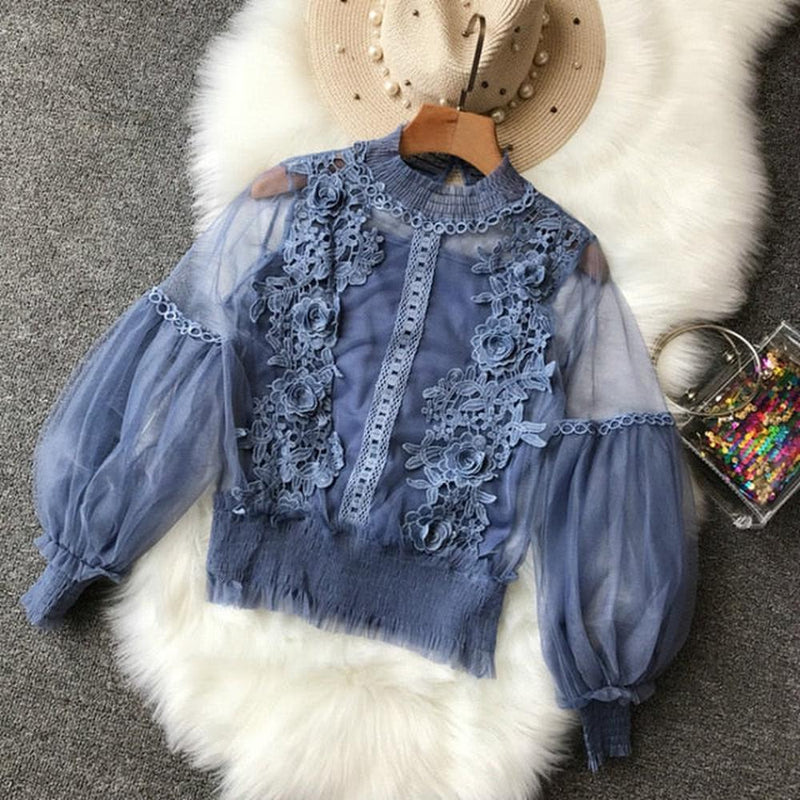 Grey Stand Collar Embroidery Flowers Sheer Lace Lantern Sleeve Blouse