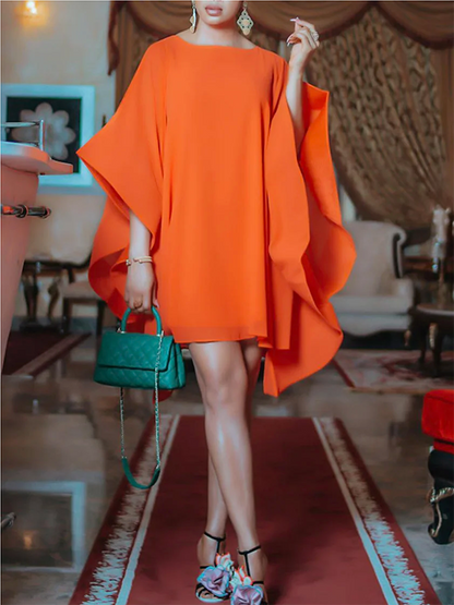 Batwing Sleeves Loose Color Round-neck Mini Dresses