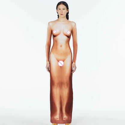 Y2k 3d Body Print Maxi Dress Long Sleeve Unique Body-shaping Attirewear Robe Party