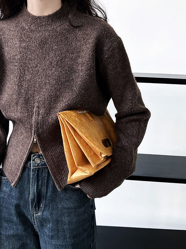 Urban Coffee Mock Neck Zipper Slit Hem Long Sleeve Sweater Qx004