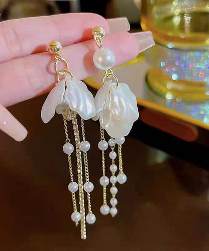 Gold Acrylic Alloy Pearl Petal Tassel Drop Earrings
