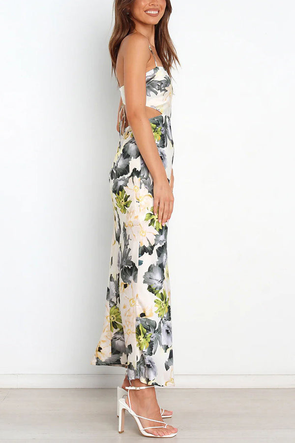 Garden Party Satin Cut Out Back Lace-up Maxi Dress