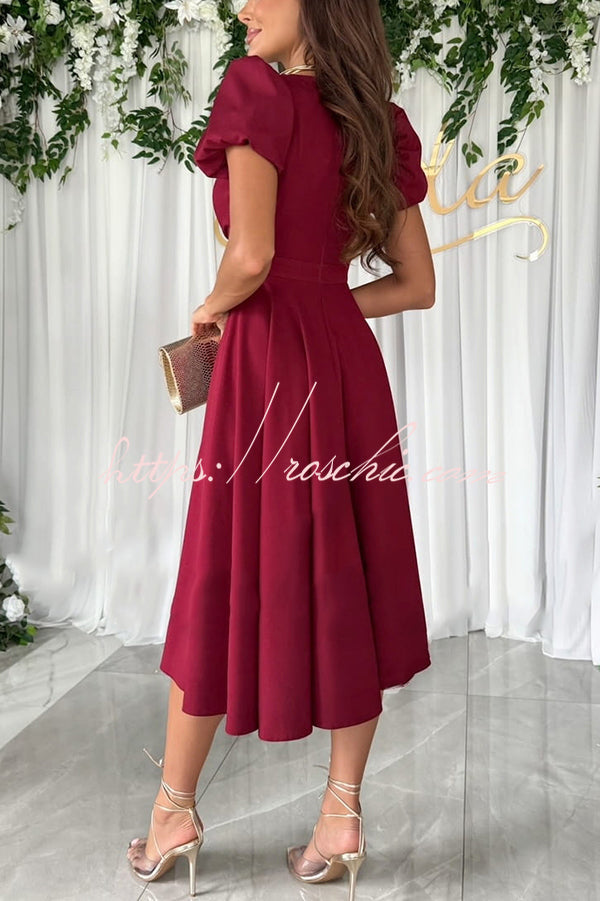 Zayla Color Puff Sleeve V-neck Waist Slim Fit Midi Dress