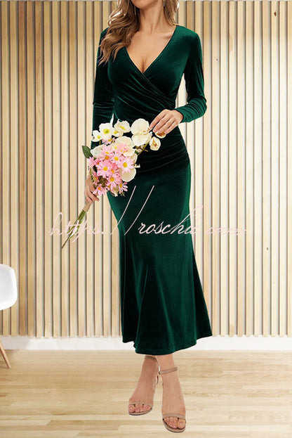 Color Velvet Long Sleeve V-neck Slim Fit Fishtail Maxi Dress