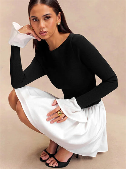 Ruffled Contrast Mini Dress ’s Patchwork High Waist Party Dress Female Y2k Mini Dress New
