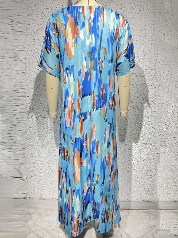 Loose Short Sleeves Contrast Color High-waisted Printed V-neck Maxi Dresses