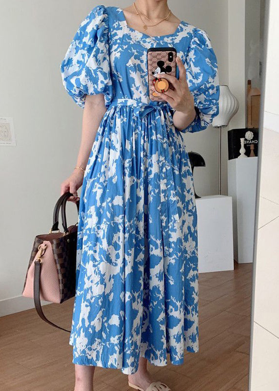 Blue Tie Waist Cotton Long Dresses Square Collar Puff Sleeve Qp007