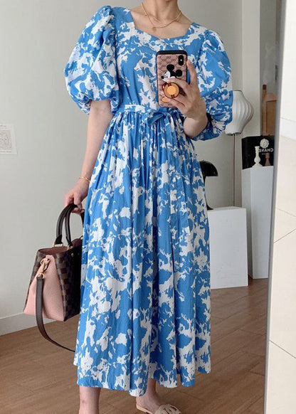 Blue Tie Waist Cotton Long Dresses Square Collar Puff Sleeve Qp007