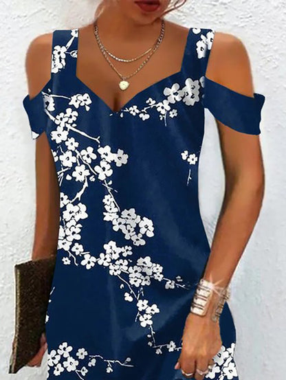 A-line High Waisted Flower Print Hollow Cold Shoulder Mini Dresses