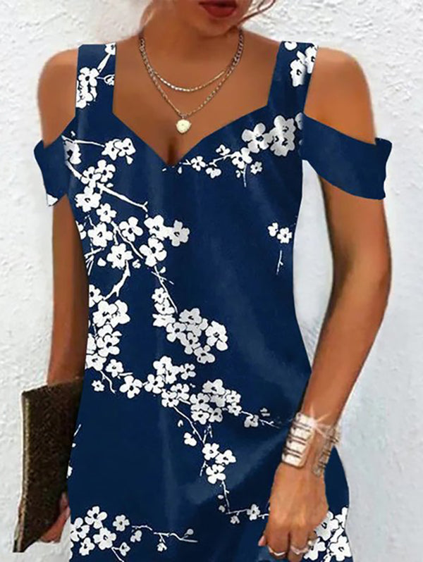 A-line High Waisted Flower Print Hollow Cold Shoulder Mini Dresses