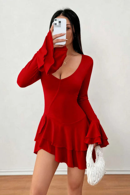 High Waist Slim Fit Color Long Sleeve Mini Dress