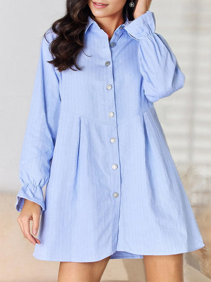 A-line Loose Pleated Split-joint Striped Lapel Mini Dresses Shirt Dress