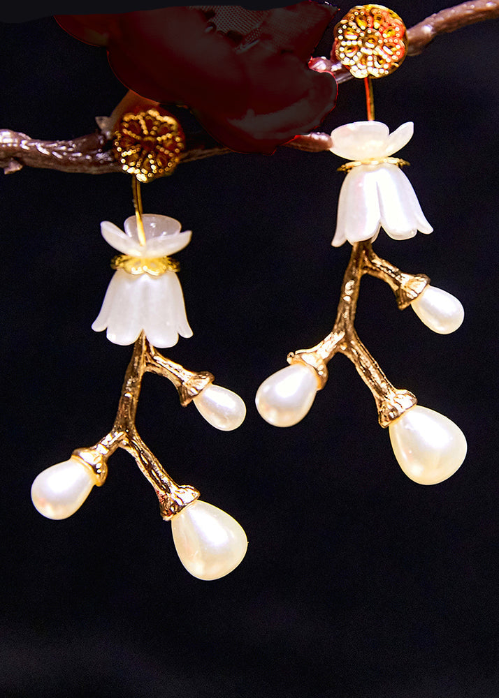 Stylish White Pearl 14k Gold Branch Drop Earrings