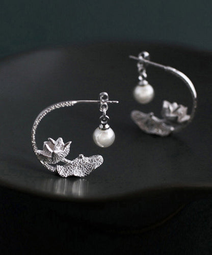 Silk Sterling Silver Pearl Lotus Hoop Earrings