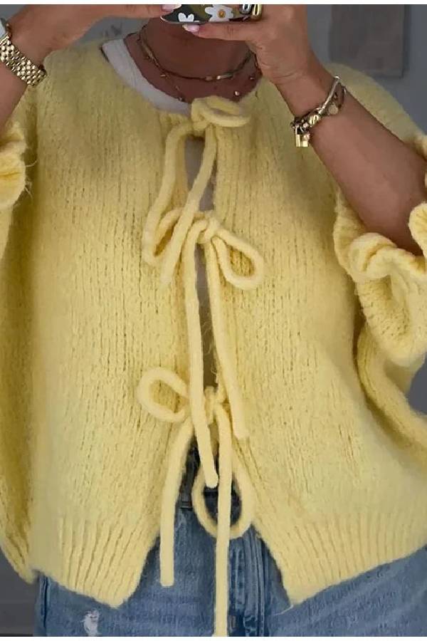 Lace Up Bow Flared Sleeve O-neck Cardigan Sweater