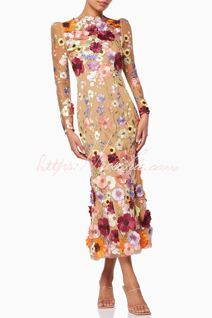Dignified and Refined Charm Embroidered Applique Long Sleeve Fish Tail Midi Dress