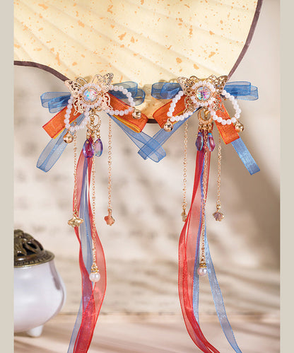 Rainbow Copper Alloy Tulle Beading Bow Ribbon a Pair Hairpin