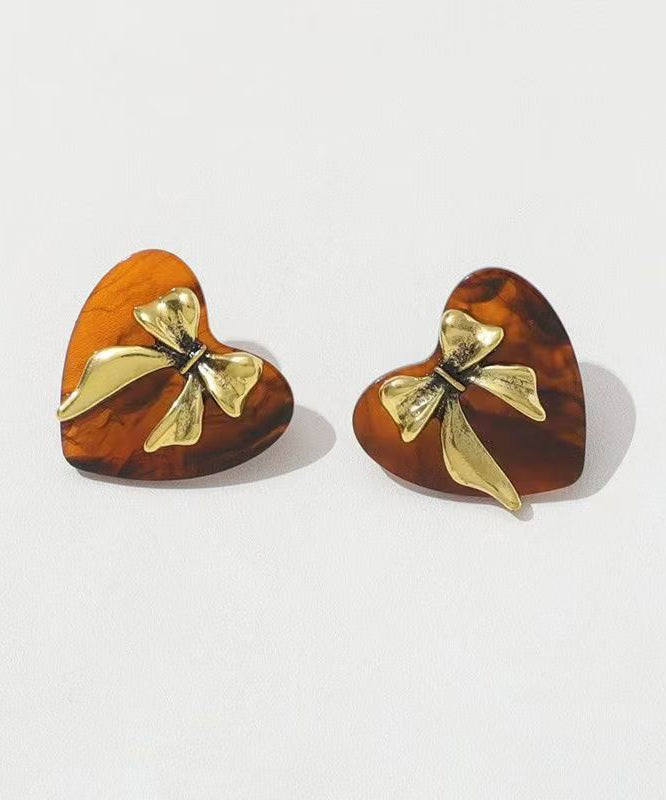 New Brown Sterling Silver Inlaid Love Acrylic Bow Stud Earrings