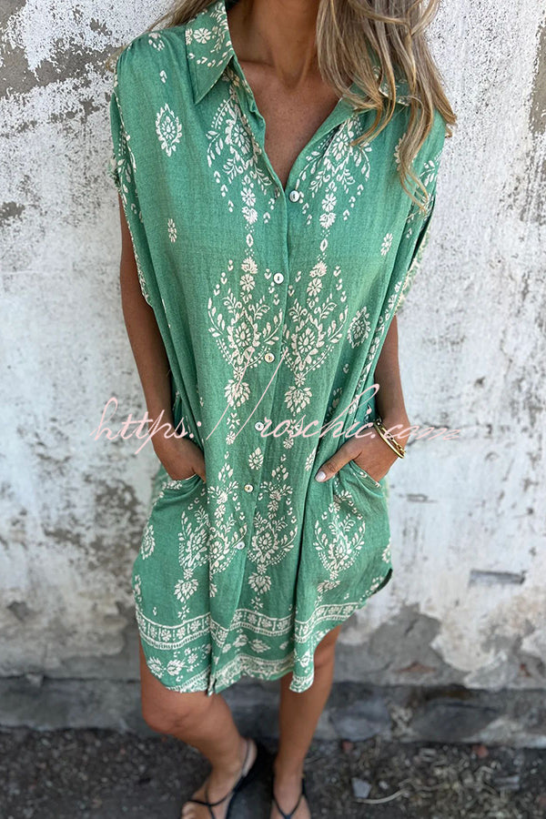 Linen Blend Unique Print Lapel Pocket Mini Dress