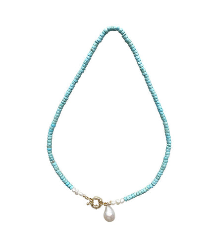 Green Copper Turquoise Pearl Pendant Necklace