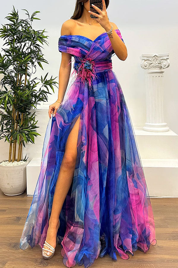 Jinnie Tulle Feather Pendant Pleated Off Shoulder Slit Maxi Dress