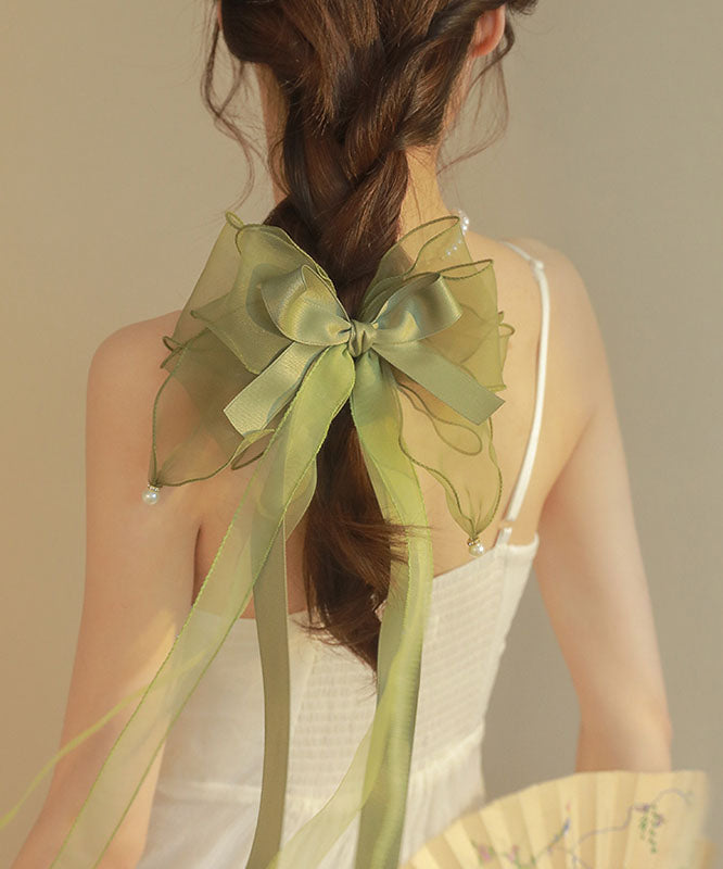 Green Tulle Patchwork Silk Blended Pearl Bow Hairpin