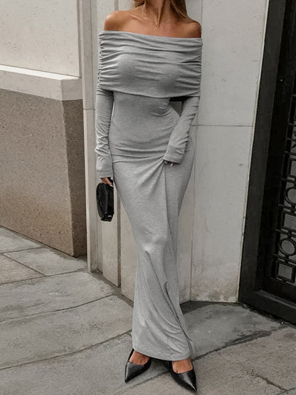 Long Sleeves Skinny Pleated Color Split-joint Off-the-shoulder Evening Dresses Maxi Dresses