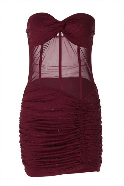 Rhinestone Lace Up Mesh Cut Out Bodycon Mini Dress