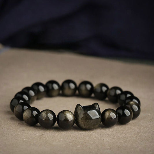 Buddha Stones Gold Sheen Obsidian Silver Sheen Obsidian Paw Lucky Cat Protection Bracelet