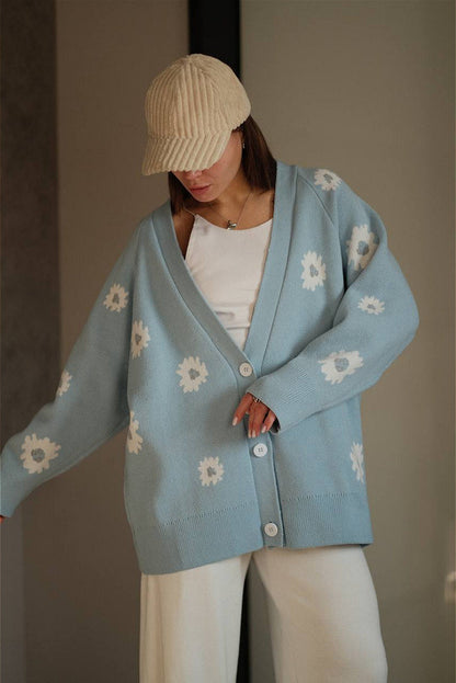 Fuzzy Daisy Jacquard Loose V-neck Cardigan