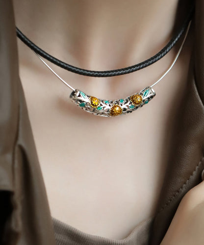 Fine Black Sterling Silver Crystal Sunflower Choker