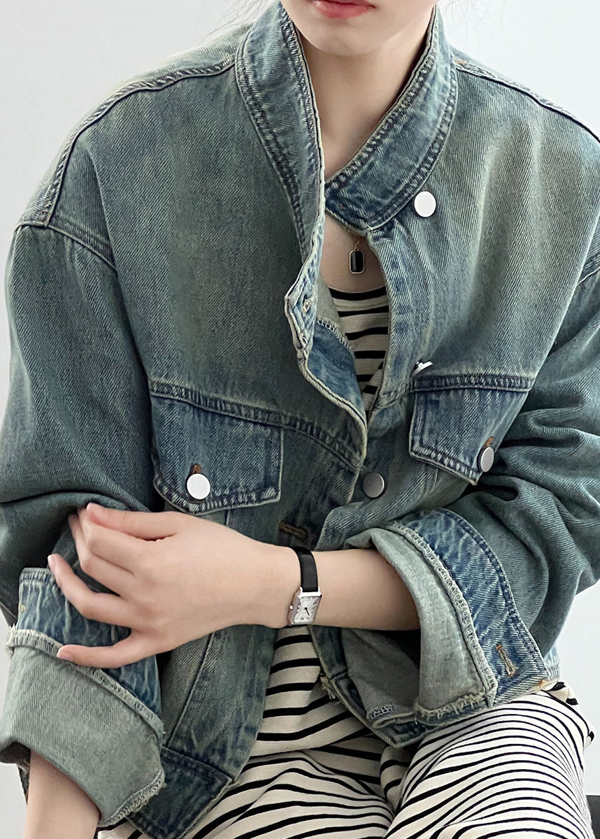Blue Stand Collar Pockets Denim Short Coat Fall Af1029