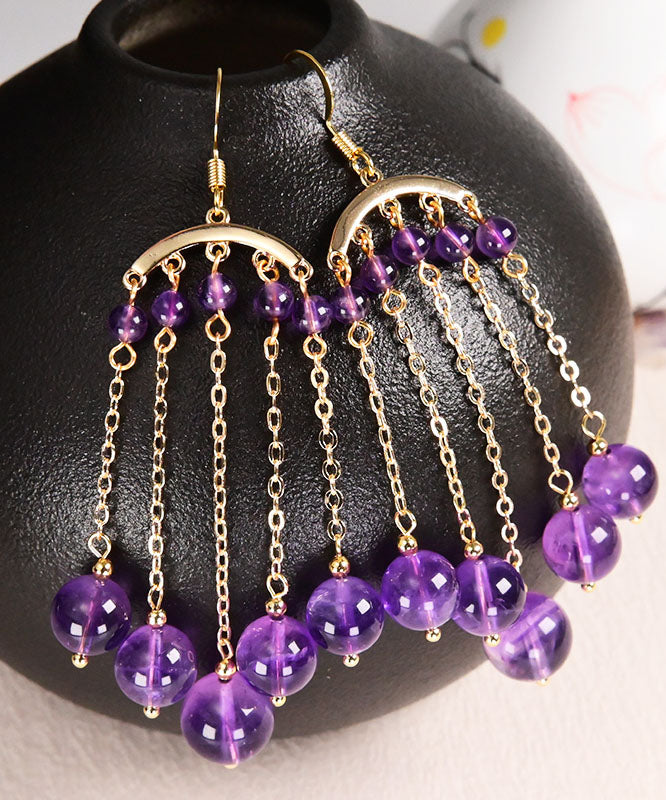 Purple 14k Gold Crystal Tassel Drop Earrings