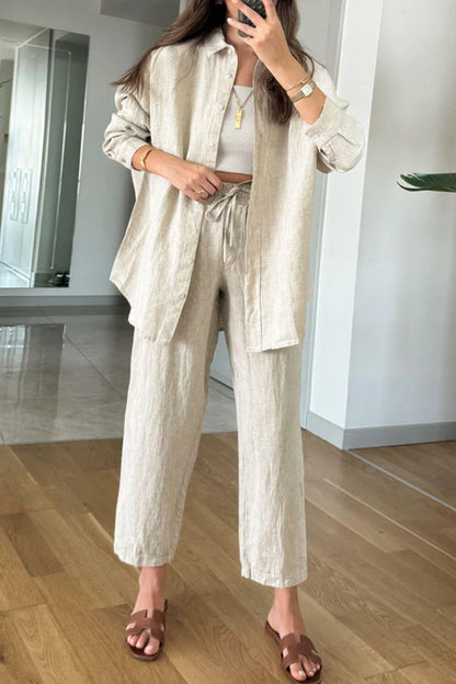 Cotton Linen Shirt \u0026 Cropped Pants Two-piece Set