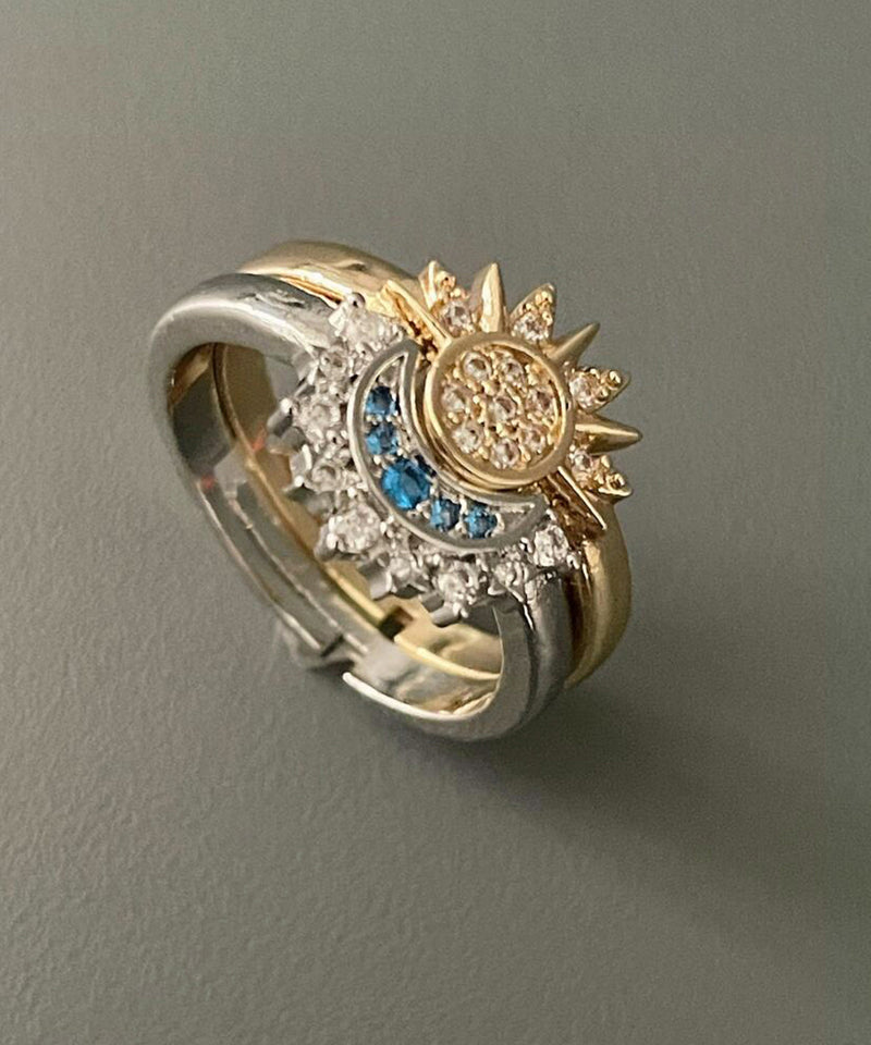 Alloy Zircon Sun and Moon Open Rings Two-piece Set