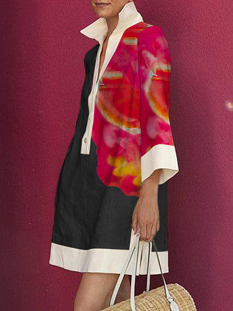 Loose Three-quarter Sleeves Buttoned Contrast Color Flower Print Lapel Mini Dresses Shirt Dress