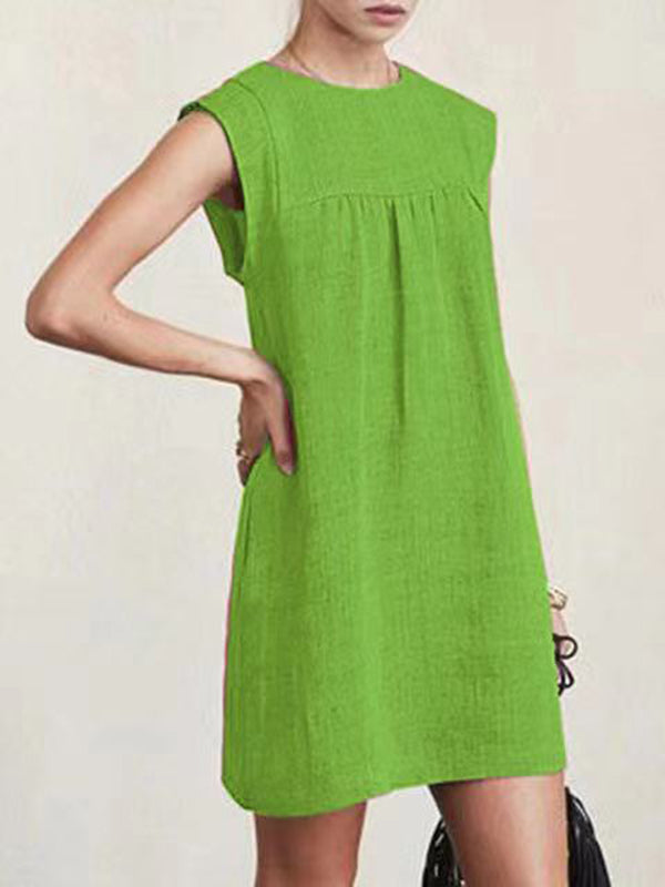 Cap Sleeve Loose Color Round-neck Mini Dresses