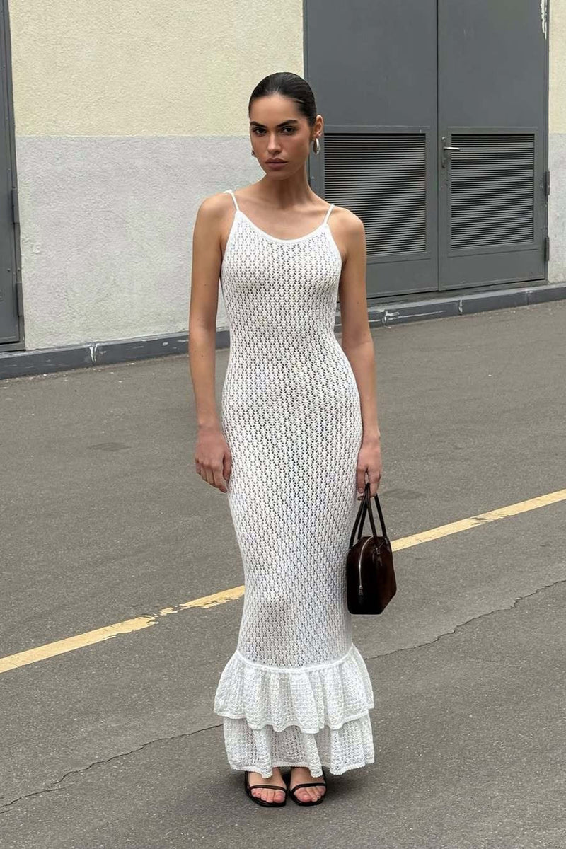 Ruffle Knit Cutout Sheer Cami Maxi Dress