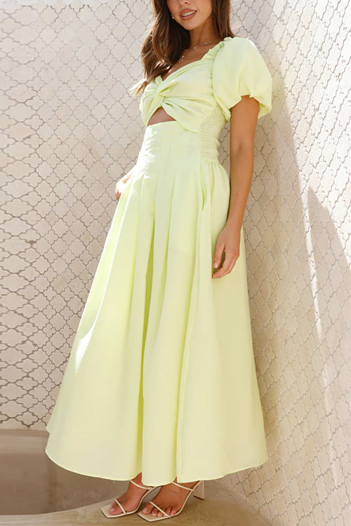 Puff Sleeves Twist Front Cut Out Swing Maxi Dress