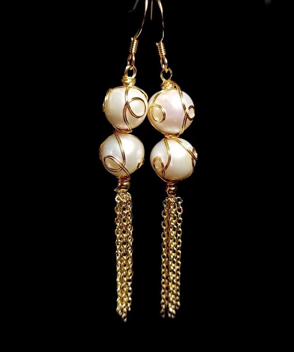 Pearl Tassel 14k Gold Drop Earrings