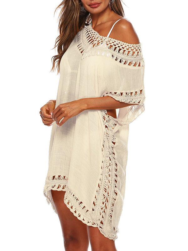 Loose Raglan Sleeve Hollow See-through Color Split-joint V-neck Mini Dresses