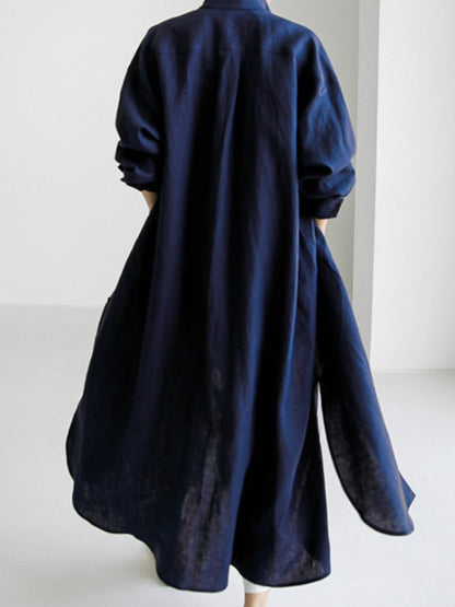 Simple Long Sleeves Split-side Color Lapel Midi Dresses Shirt Dress