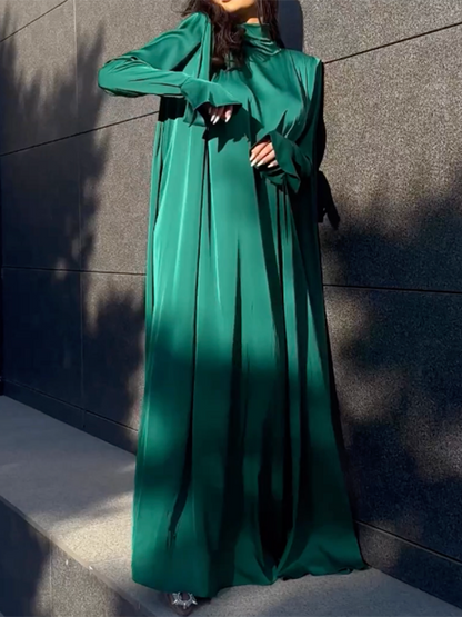 Flared Sleeves Long Sleeves Color High-neck Maxi Dresses