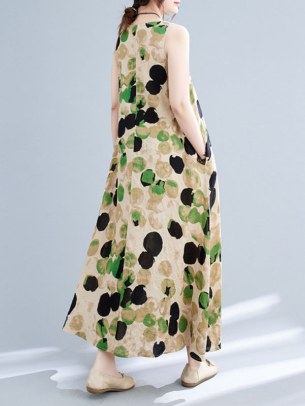 Loose Sleeveless Printed Split-joint Round-neck Maxi Dresses